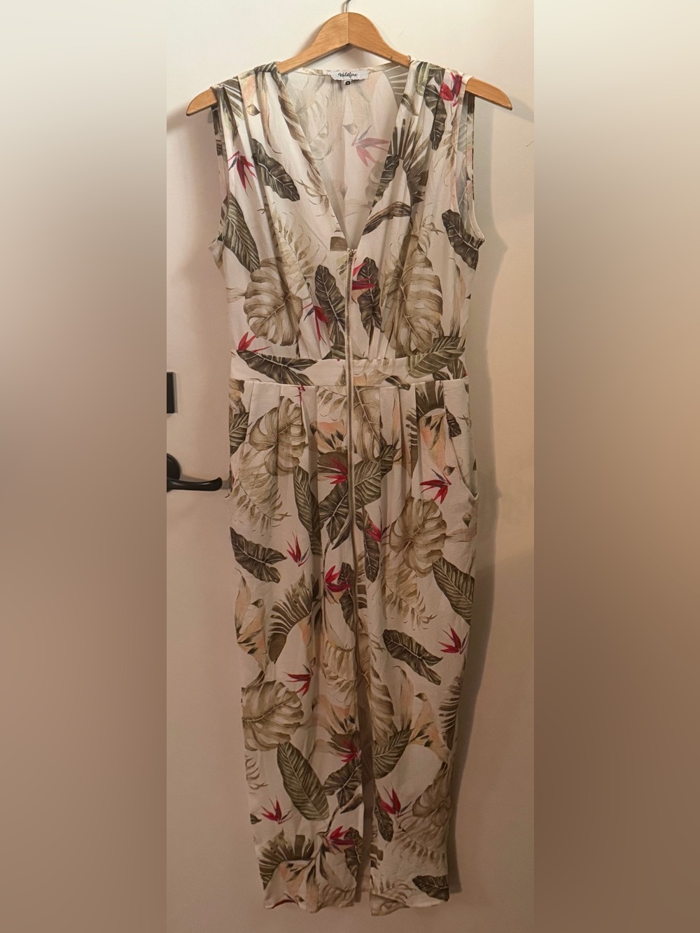 Tropical Print Sleeveless dress with zip in Cream with Green and Red Leaf Motif